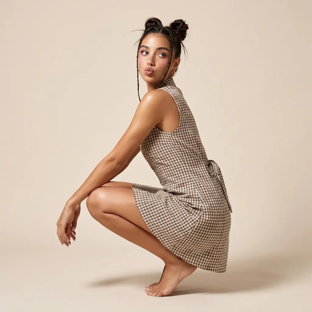 Sleeveless Gingham Mini Dress BrownXSM-027-BROWN-XS