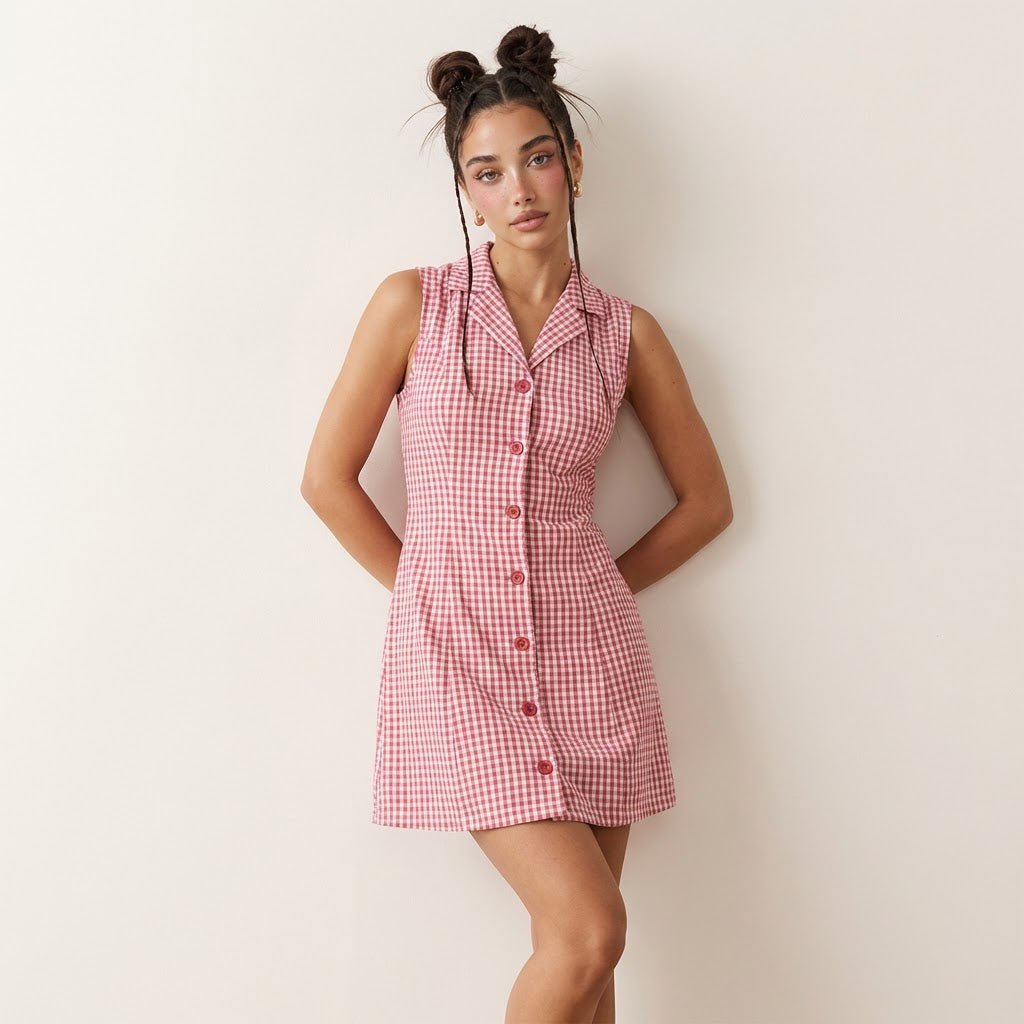 Sleeveless Gingham Mini Dress PinkXSM-027-PINK-XS