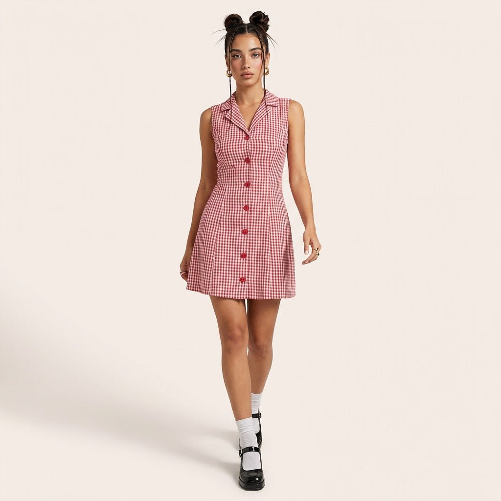 Sleeveless Gingham Mini Dress PinkXSM-027-PINK-XS