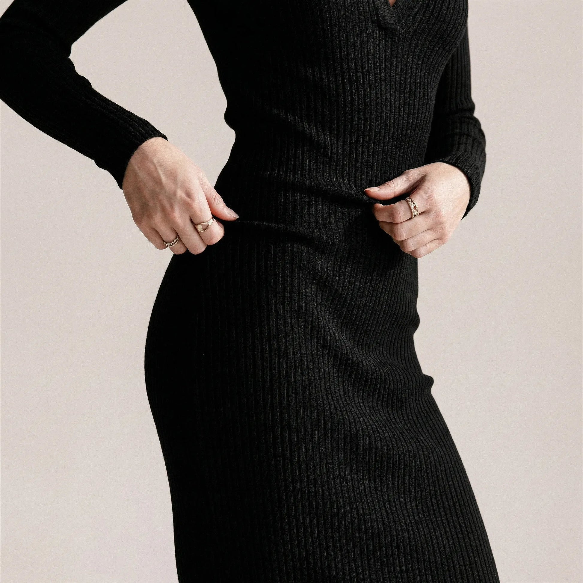 Slim Fit Ribbed Knit Wrap Midi Body Dress BlackSM-001-BLACK-S