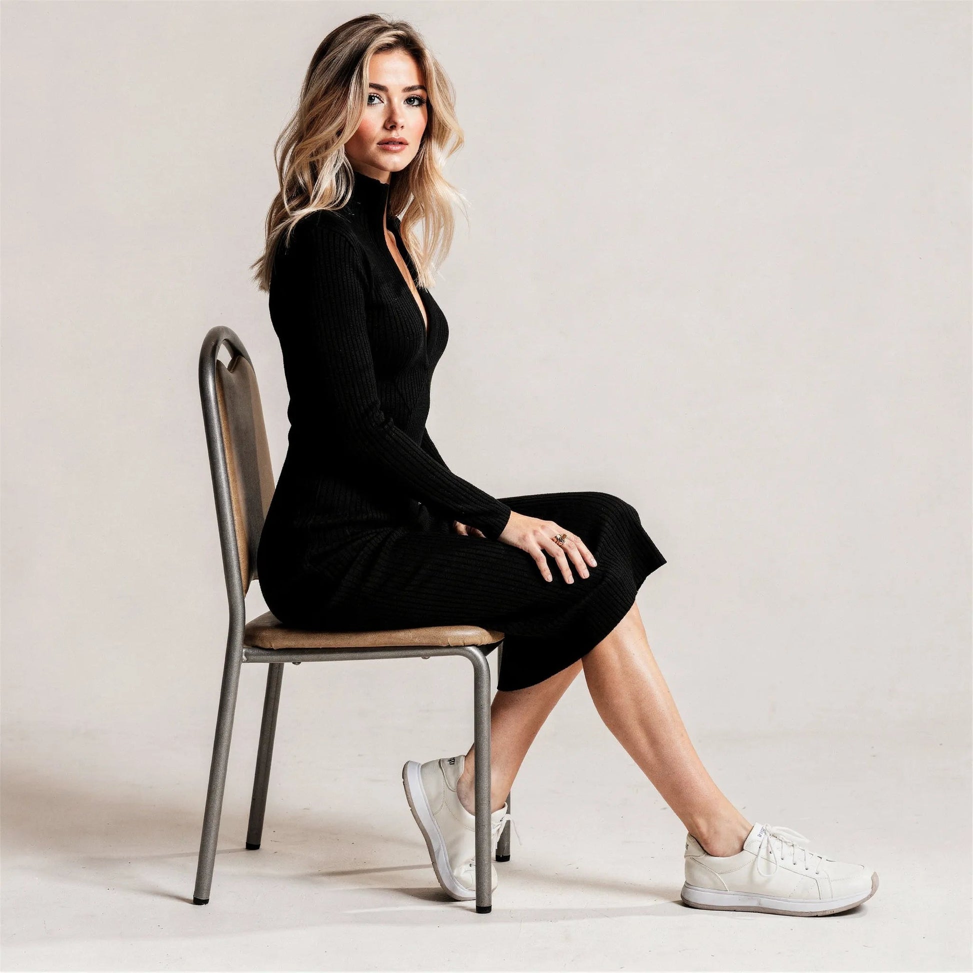 Slim Fit Ribbed Knit Wrap Midi Body Dress BlackSM-001-BLACK-S