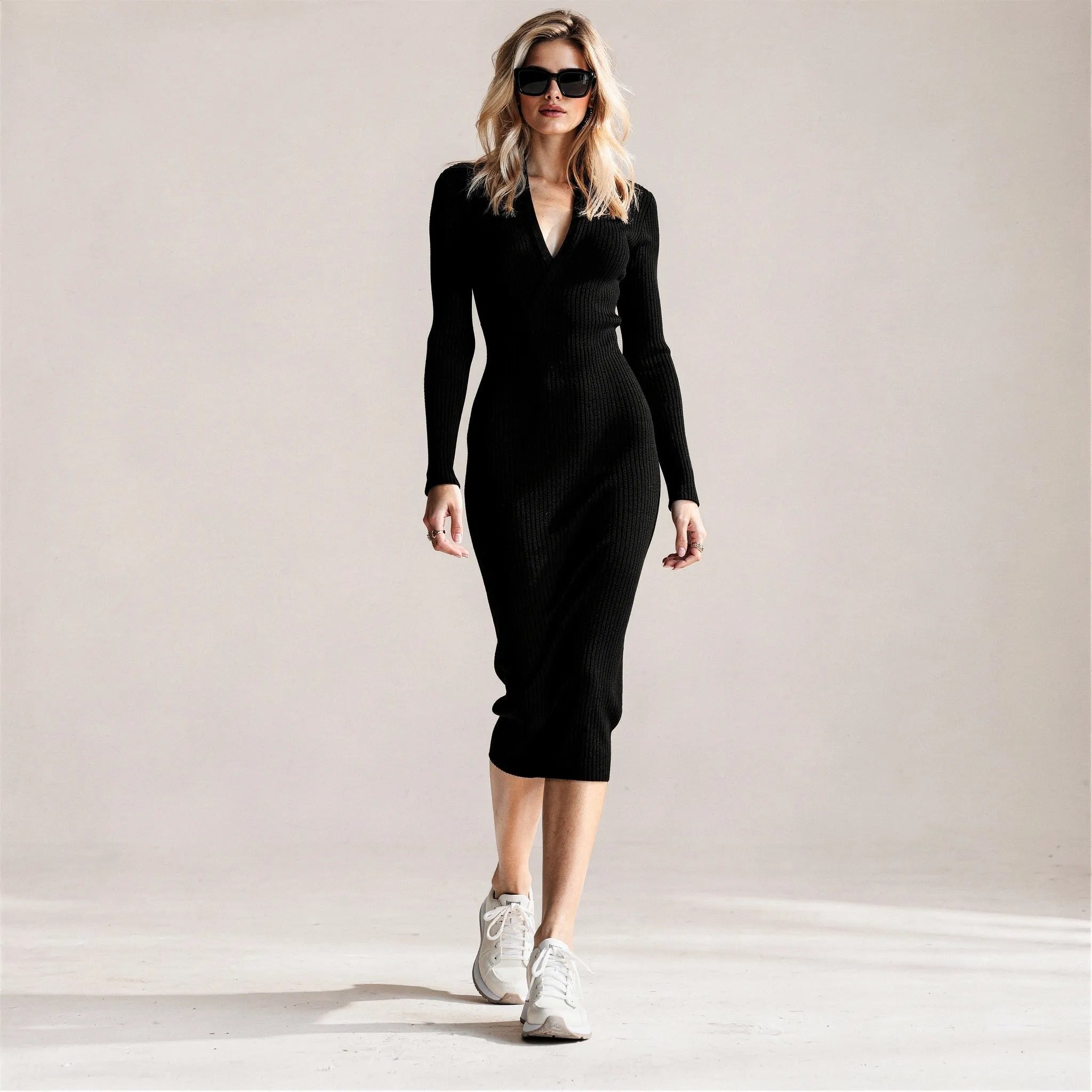 Slim Fit Ribbed Knit Wrap Midi Body Dress BlackSM-001-BLACK-S