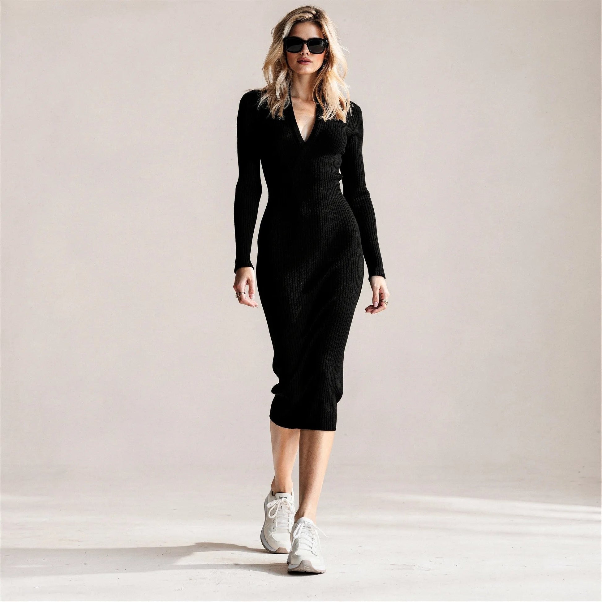 Slim Fit Ribbed Knit Wrap Midi Body Dress BlackSM-001-BLACK-S