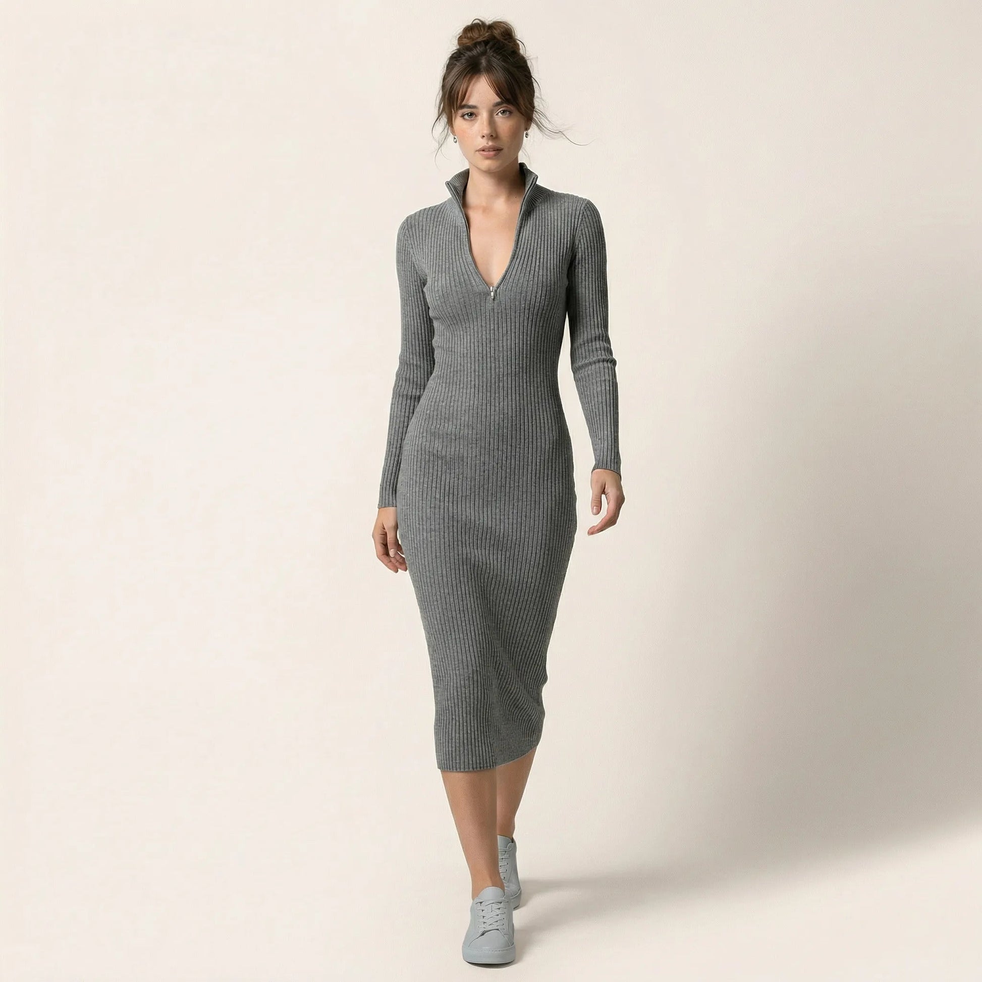Slim Fit Ribbed Knit Wrap Midi Body Dress GraySM-001-GRAY-S