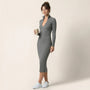 Slim Fit Ribbed Knit Wrap Midi Body Dress GraySM-001-GRAY-S