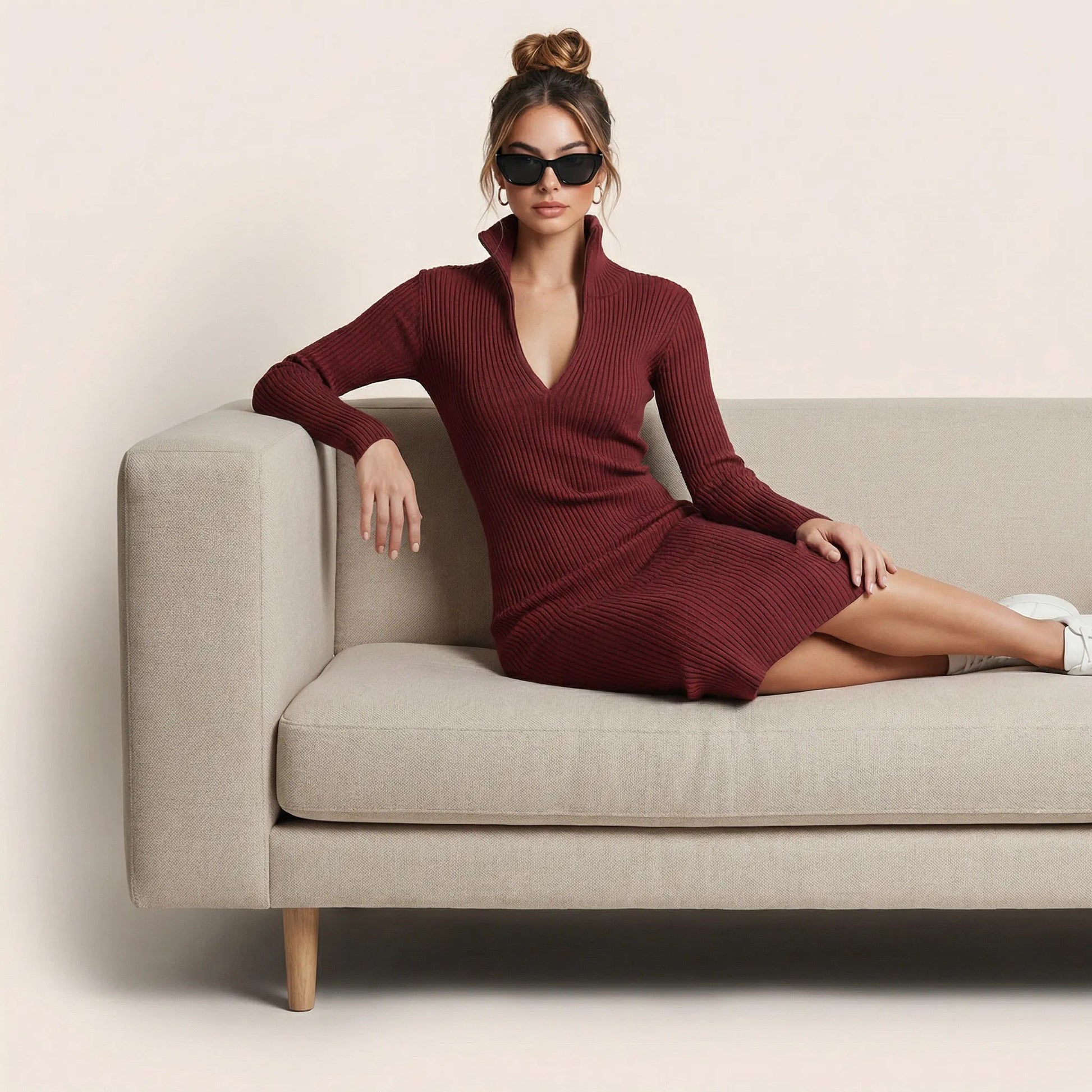 Slim Fit Ribbed Knit Wrap Midi Body Dress MaroonSM-001-MARRON-S
