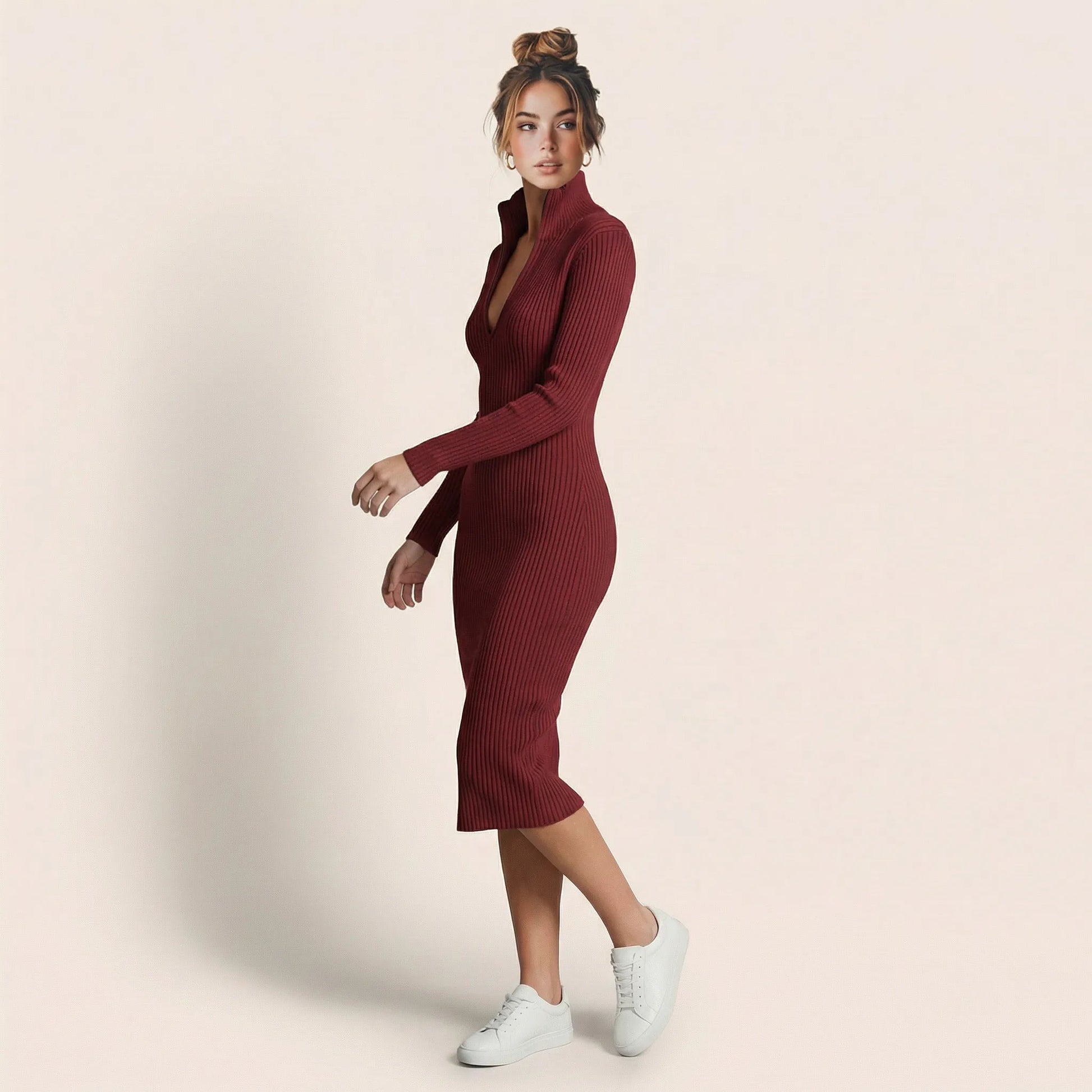 Slim Fit Ribbed Knit Wrap Midi Body Dress MaroonSM-001-MARRON-S