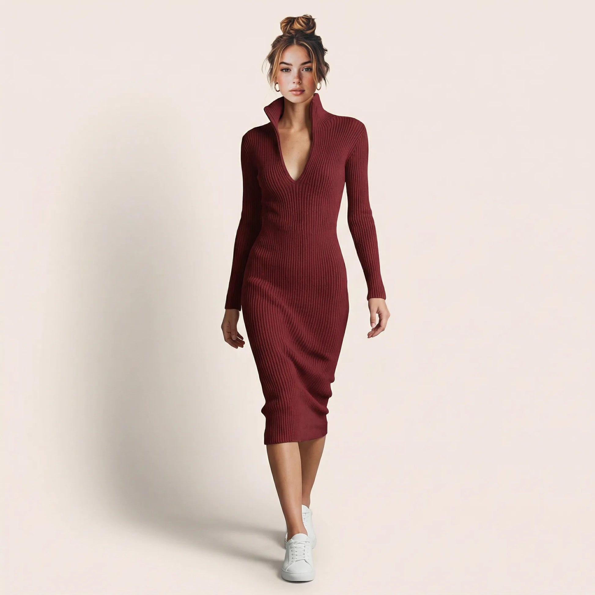 Slim Fit Ribbed Knit Wrap Midi Body Dress MaroonSM-001-MARRON-S