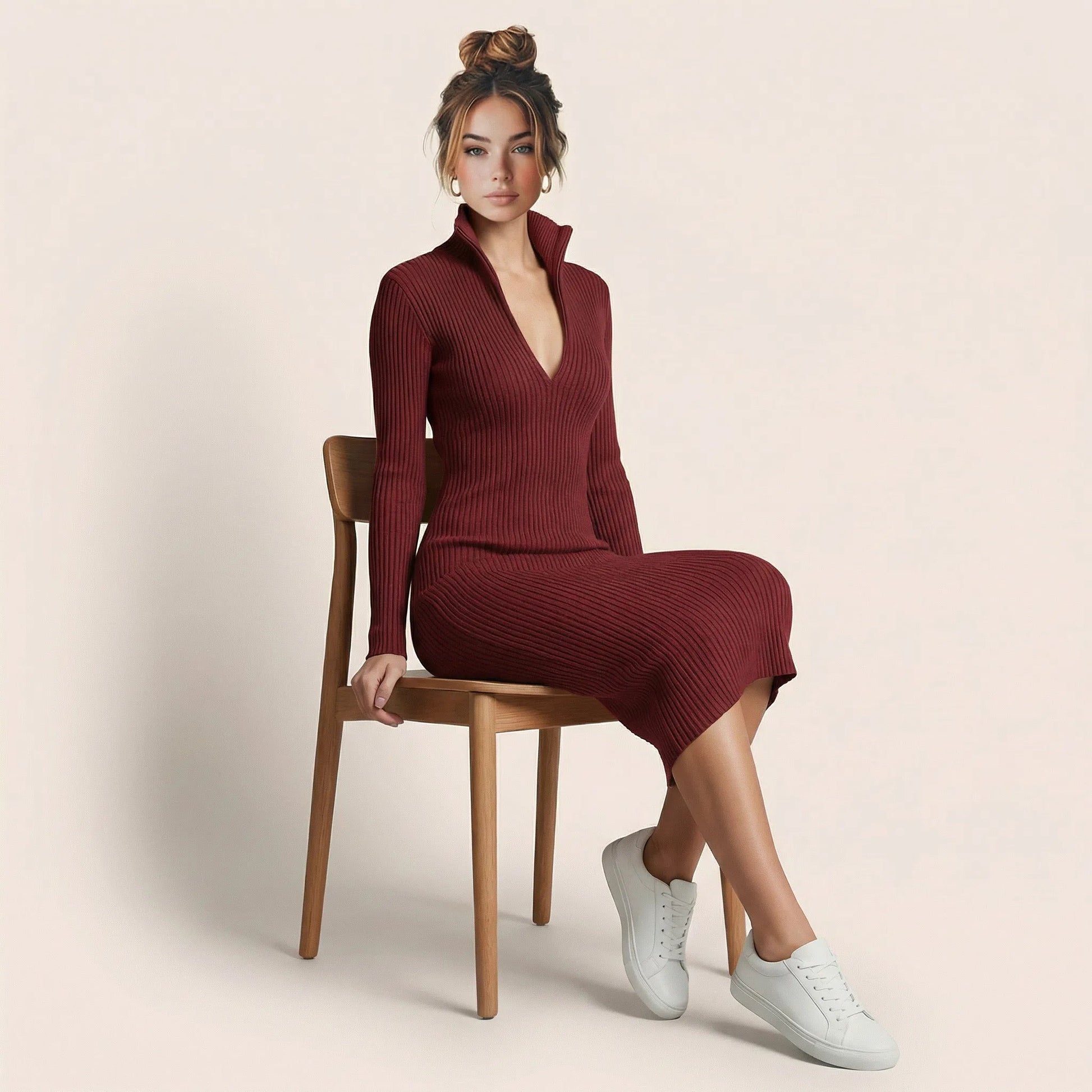 Slim Fit Ribbed Knit Wrap Midi Body Dress MaroonSM-001-MARRON-S
