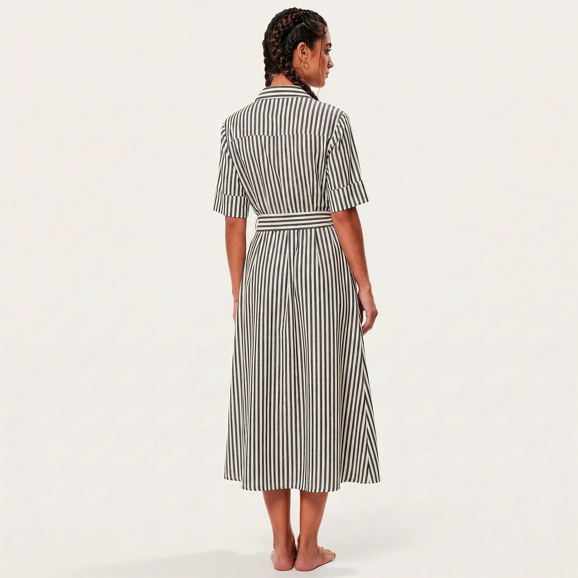 Stripe A - Line Midi Shirt Dress with Waist Tie BlackXSM-018-BLACK-XS