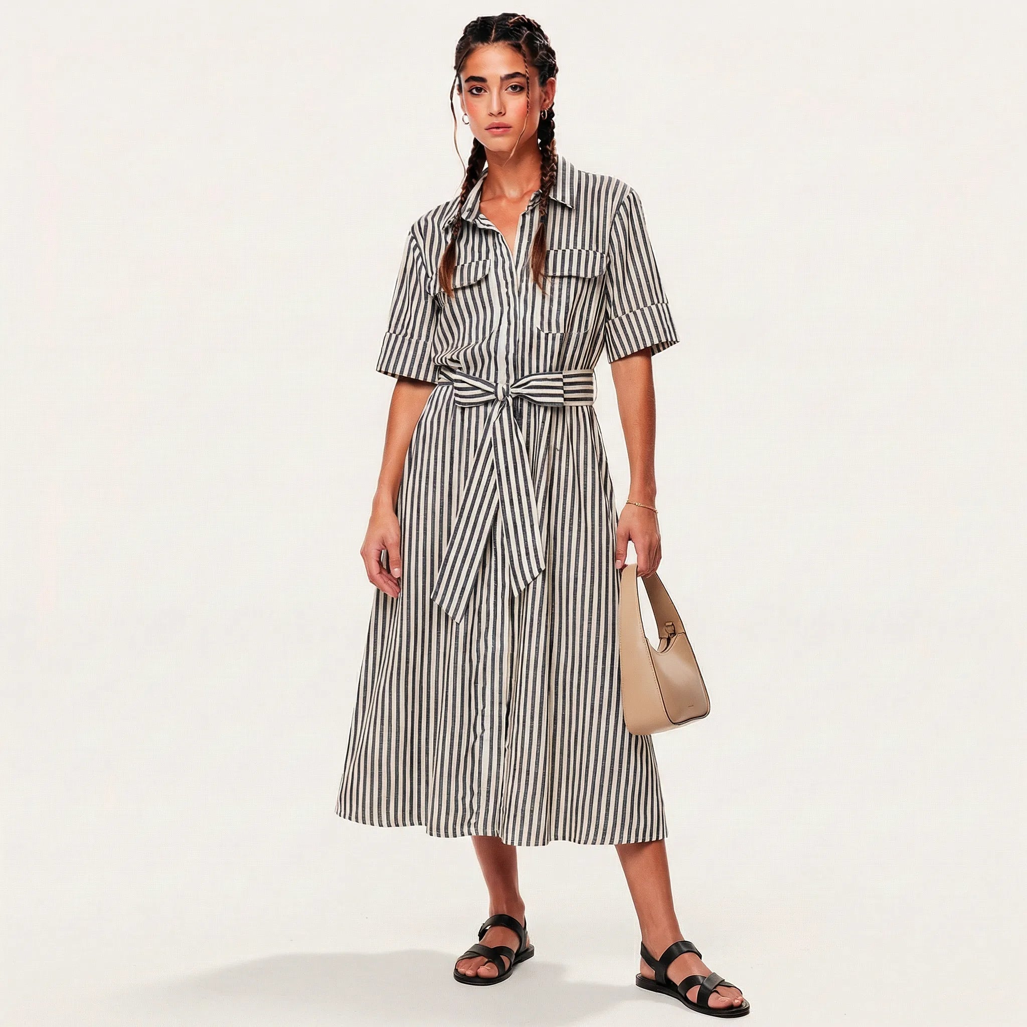 Stripe A - Line Midi Shirt Dress with Waist Tie BlackXSM-018-BLACK-XS