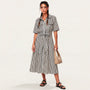 Stripe A - Line Midi Shirt Dress with Waist Tie BlackXSM-018-BLACK-XS