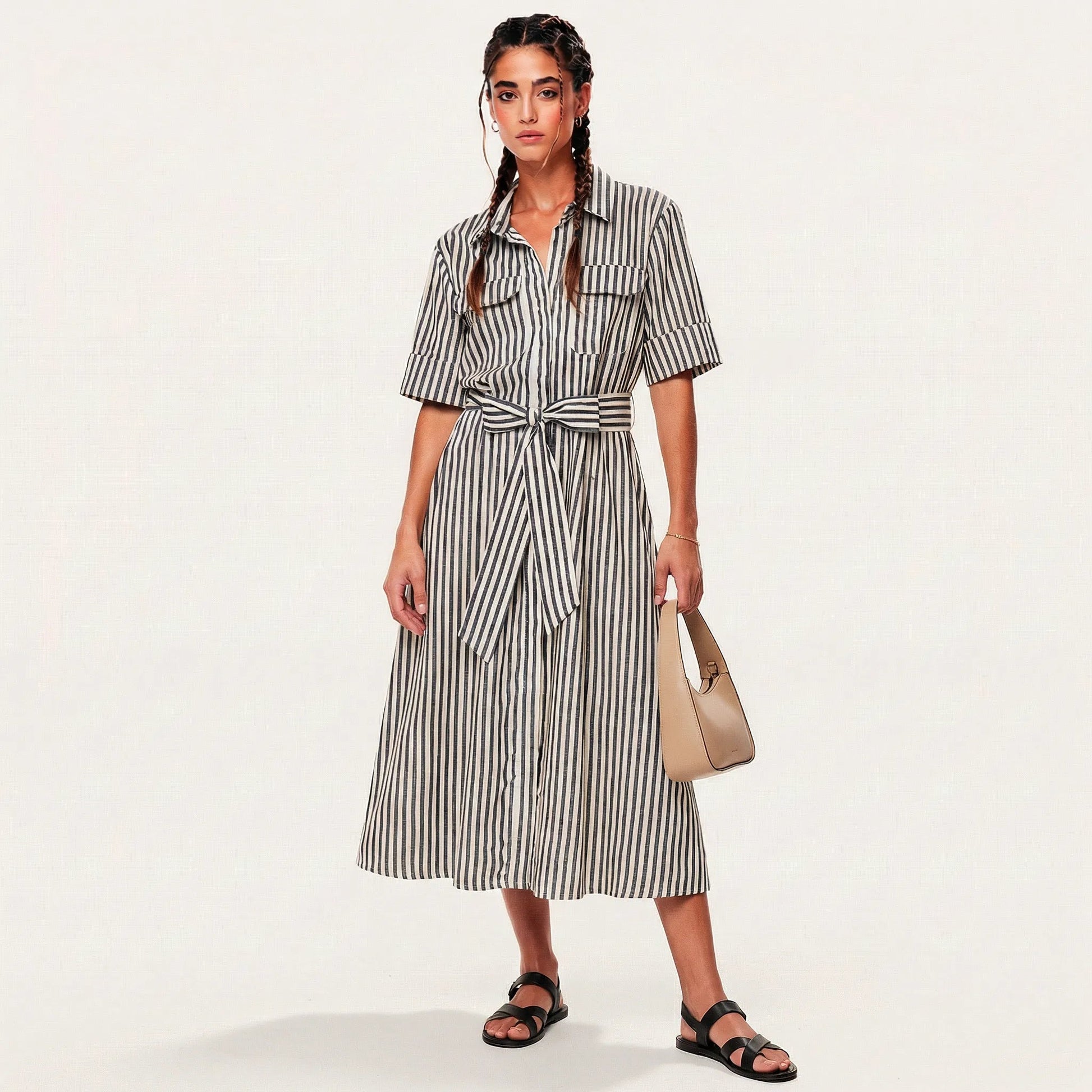 Stripe A - Line Midi Shirt Dress with Waist Tie BlackXSM-018-BLACK-XS