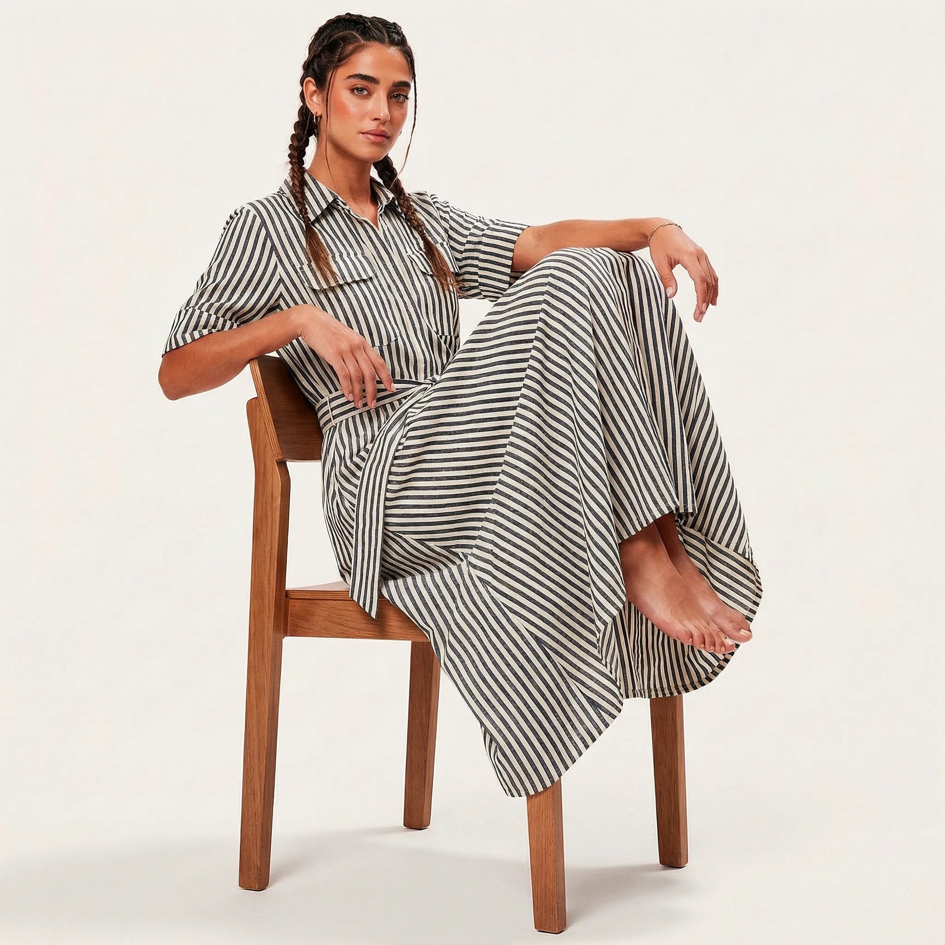 Stripe A - Line Midi Shirt Dress with Waist Tie BlackXSM-018-BLACK-XS