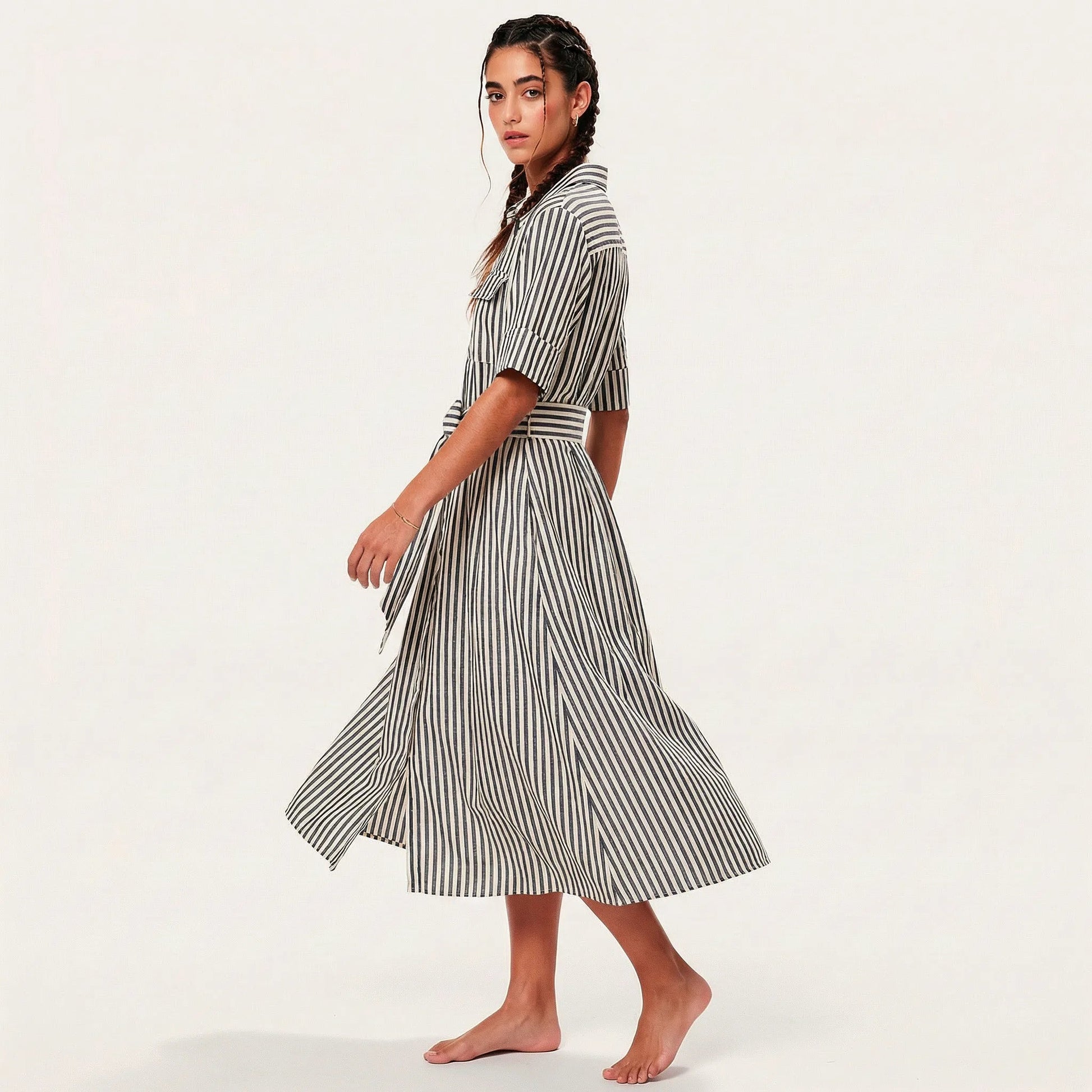 Stripe A - Line Midi Shirt Dress with Waist Tie BlackXSM-018-BLACK-XS