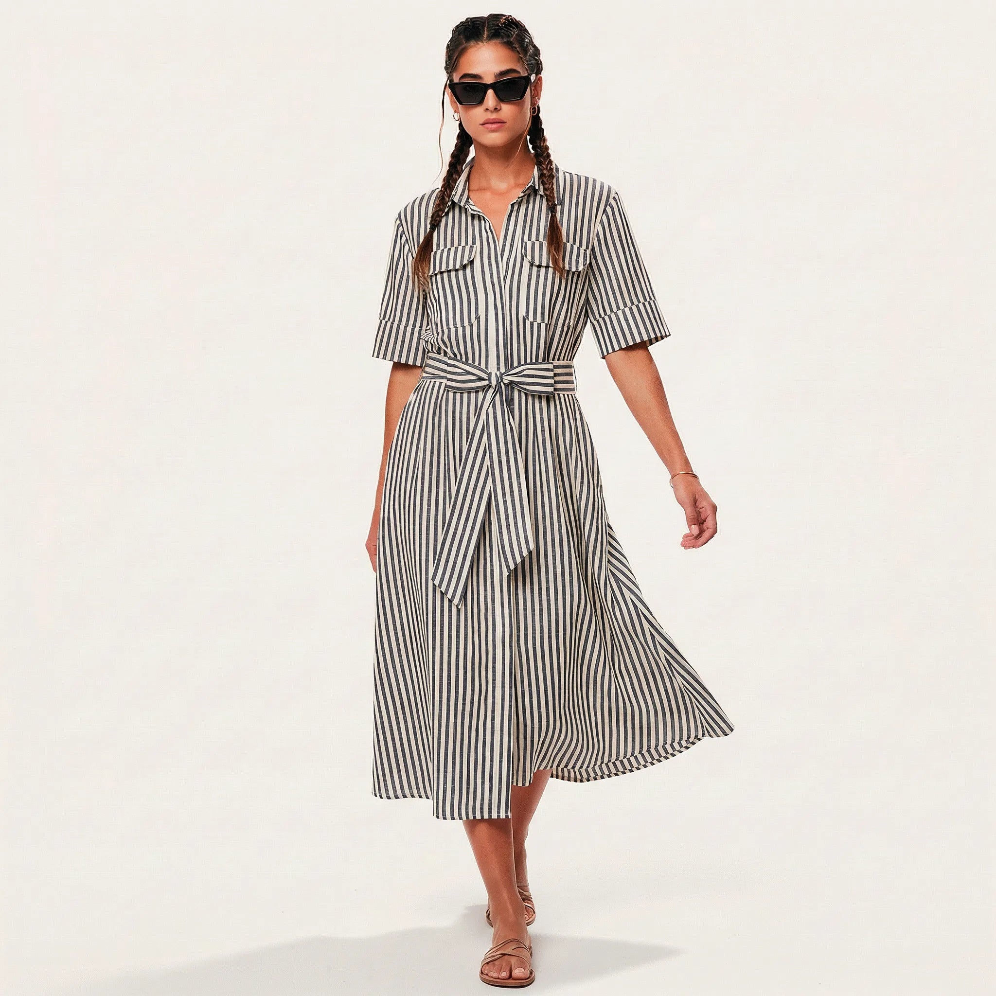 Stripe A - Line Midi Shirt Dress with Waist Tie BlackXSM-018-BLACK-XS