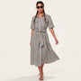Stripe A - Line Midi Shirt Dress with Waist Tie BlackXSM-018-BLACK-XS