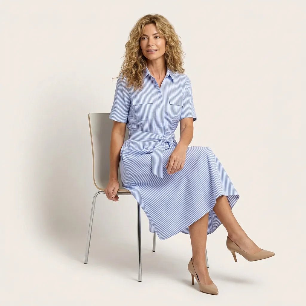 Stripe A - Line Midi Shirt Dress with Waist Tie BlueXSM-018-BLUE-XS