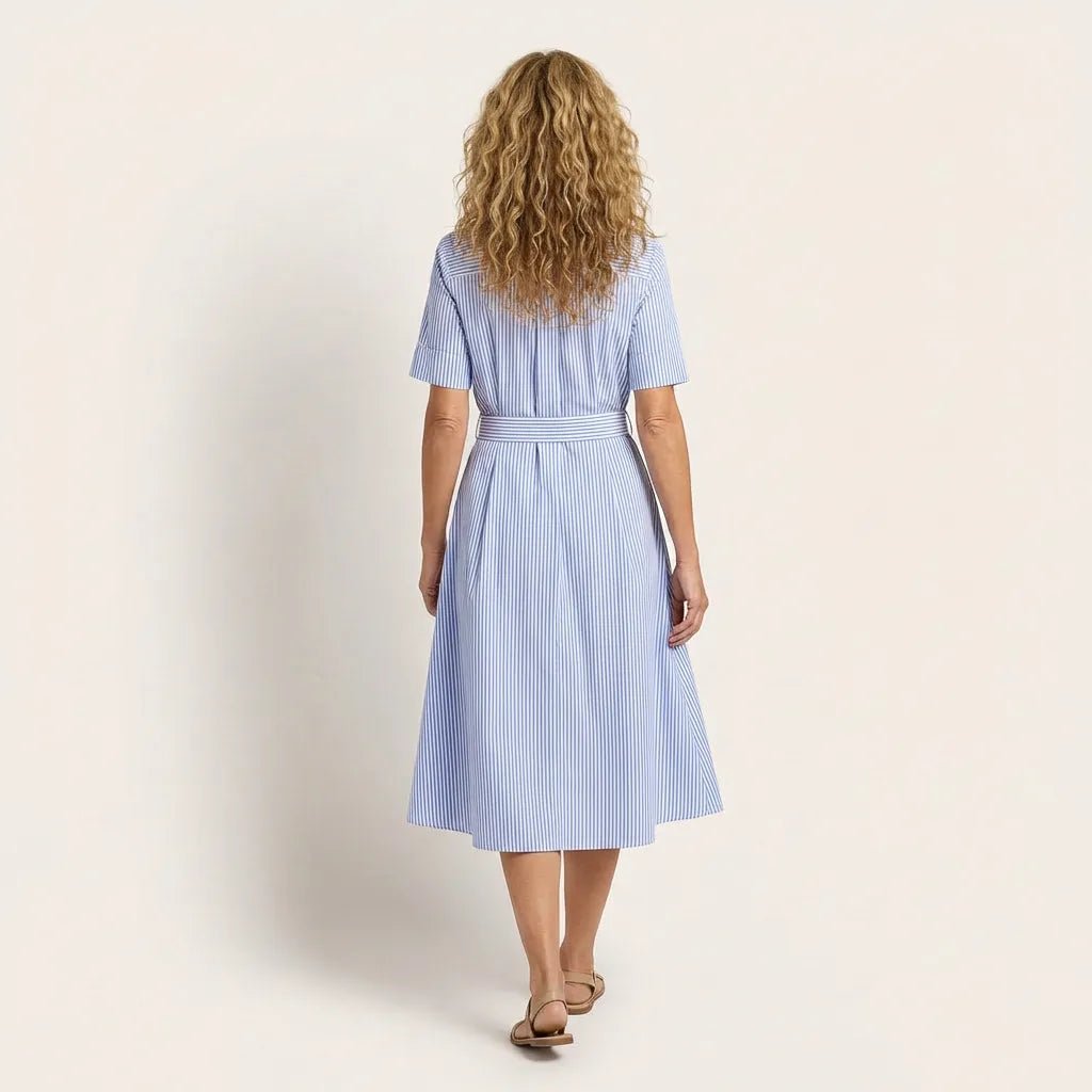 Stripe A - Line Midi Shirt Dress with Waist Tie BlueXSM-018-BLUE-XS