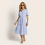 Stripe A - Line Midi Shirt Dress with Waist Tie BlueXSM-018-BLUE-XS