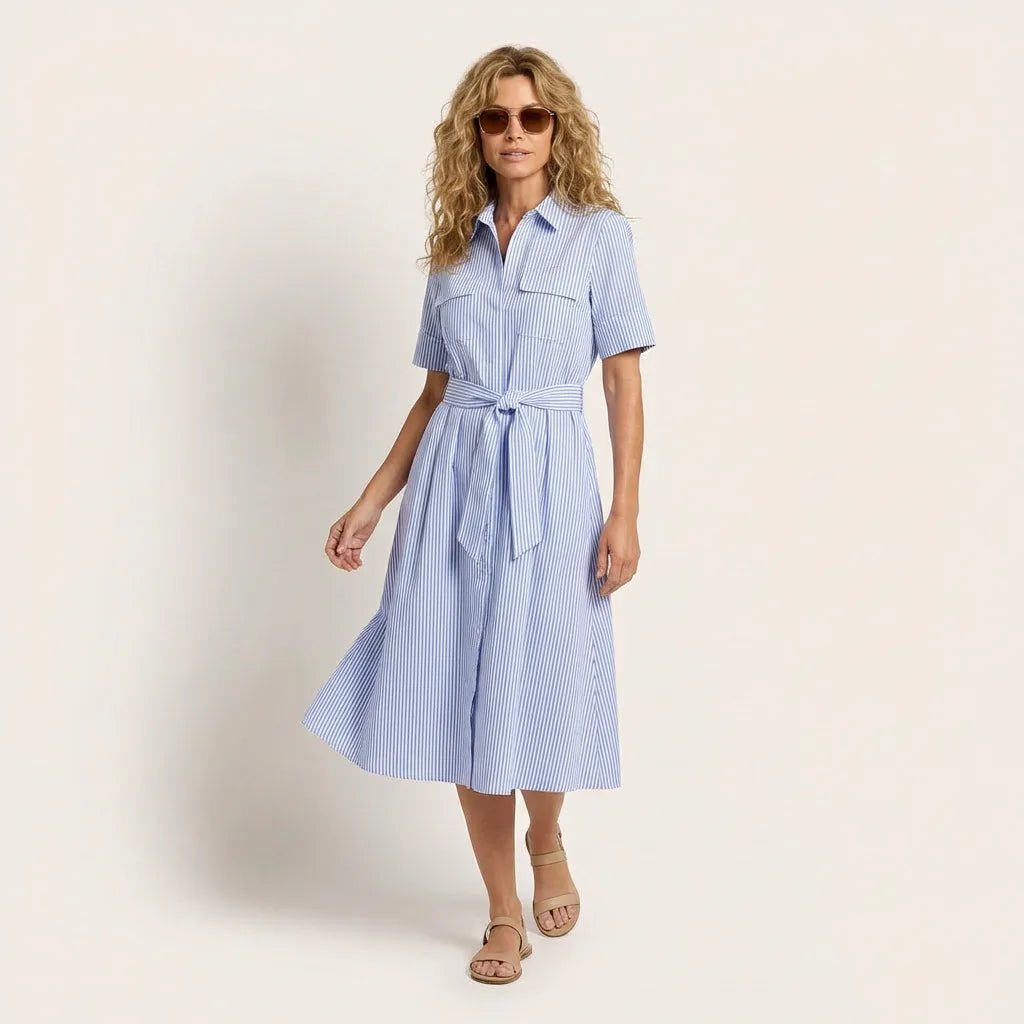 Stripe A - Line Midi Shirt Dress with Waist Tie BlueXSM-018-BLUE-XS