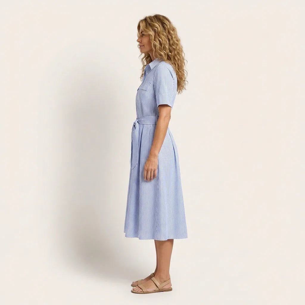 Stripe A - Line Midi Shirt Dress with Waist Tie BlueXSM-018-BLUE-XS