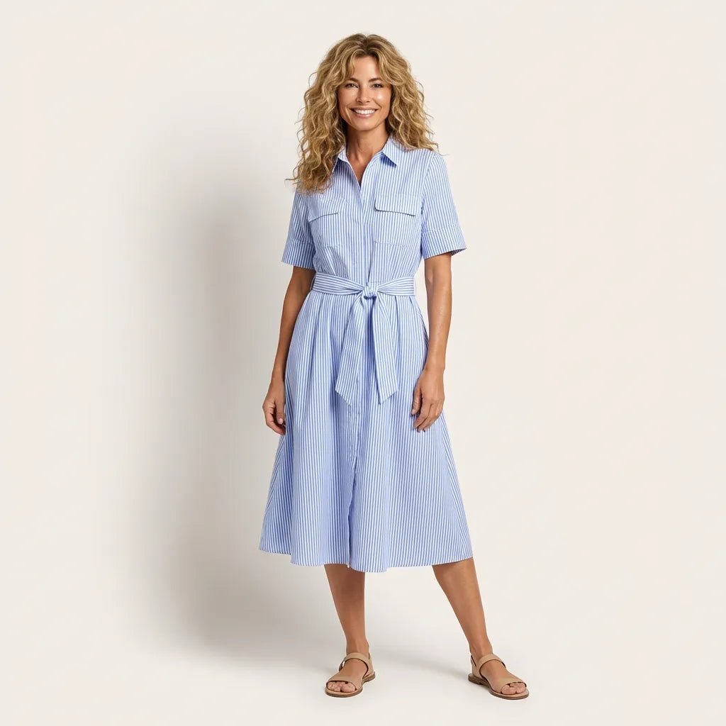 Stripe A - Line Midi Shirt Dress with Waist Tie BlueXSM-018-BLUE-XS