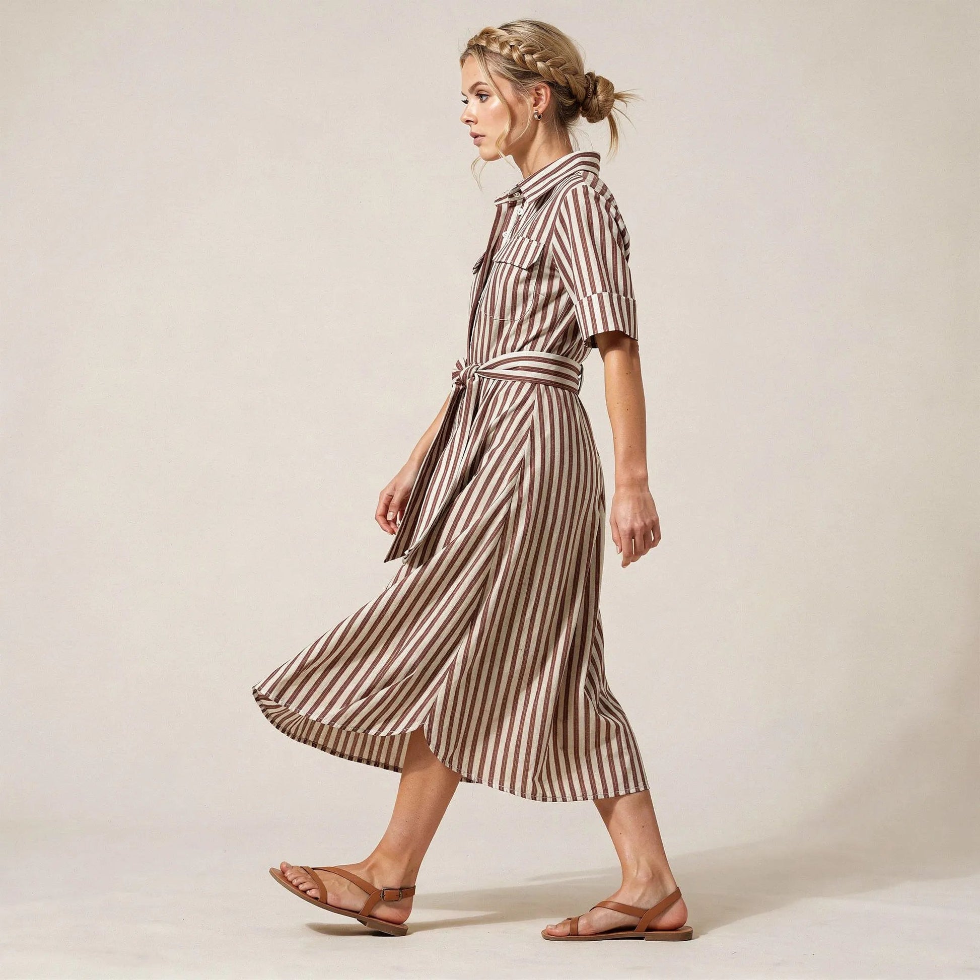 Stripe A - Line Midi Shirt Dress with Waist Tie BrownXSM-018-BROWN-XS