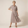Stripe A - Line Midi Shirt Dress with Waist Tie BrownXSM-018-BROWN-XS