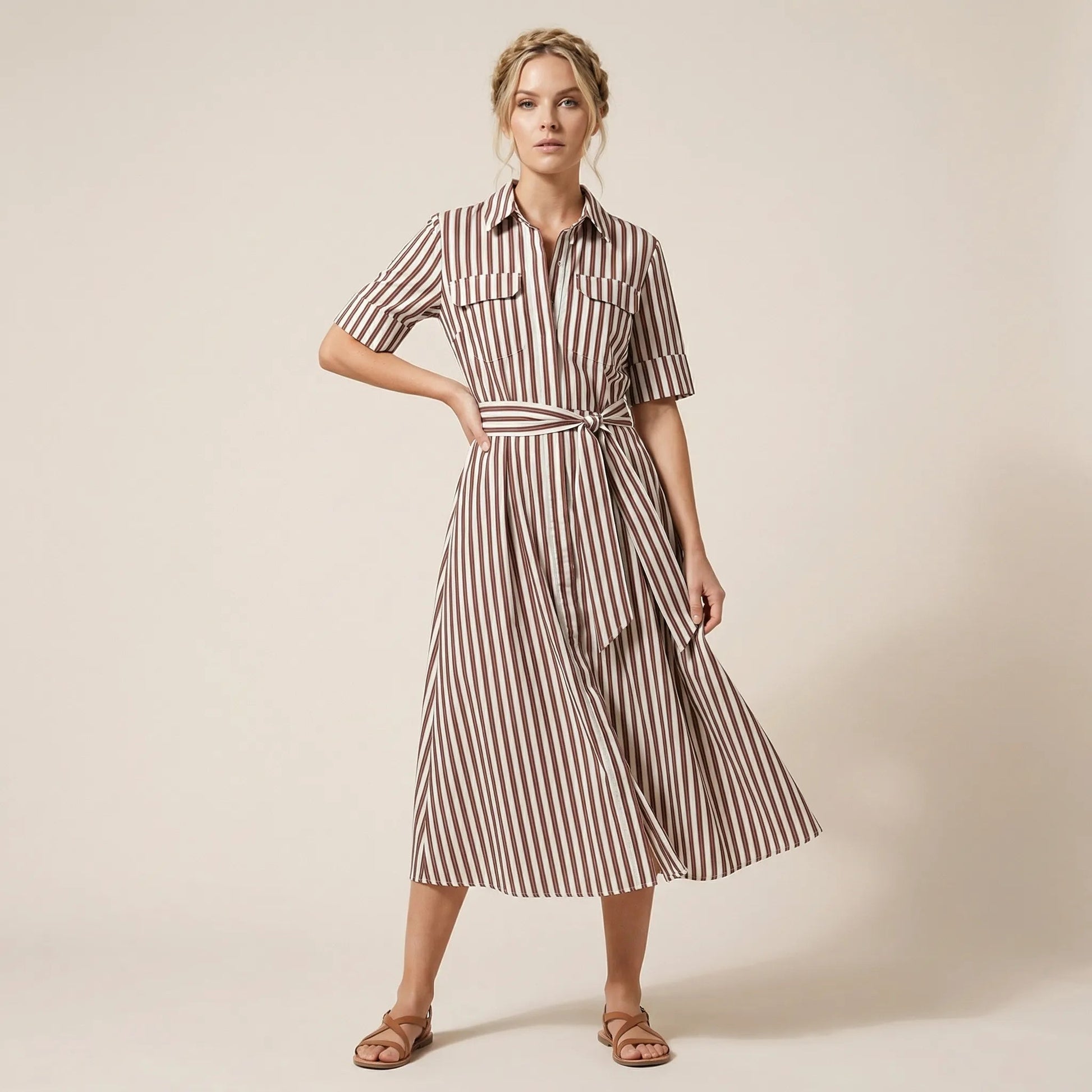 Stripe A - Line Midi Shirt Dress with Waist Tie BrownXSM-018-BROWN-XS