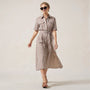 Stripe A - Line Midi Shirt Dress with Waist Tie BrownXSM-018-BROWN-XS