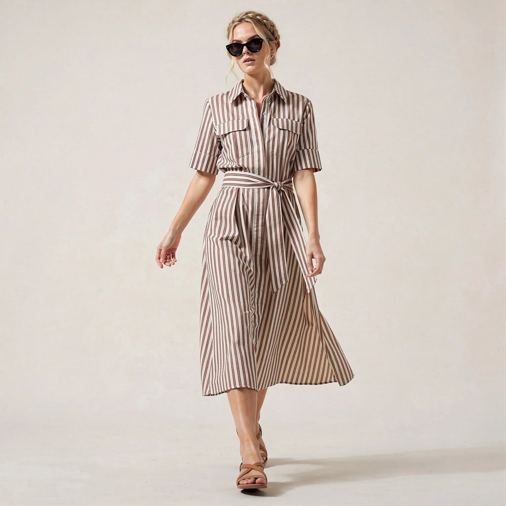 Stripe A - Line Midi Shirt Dress with Waist Tie BrownXSM-018-BROWN-XS