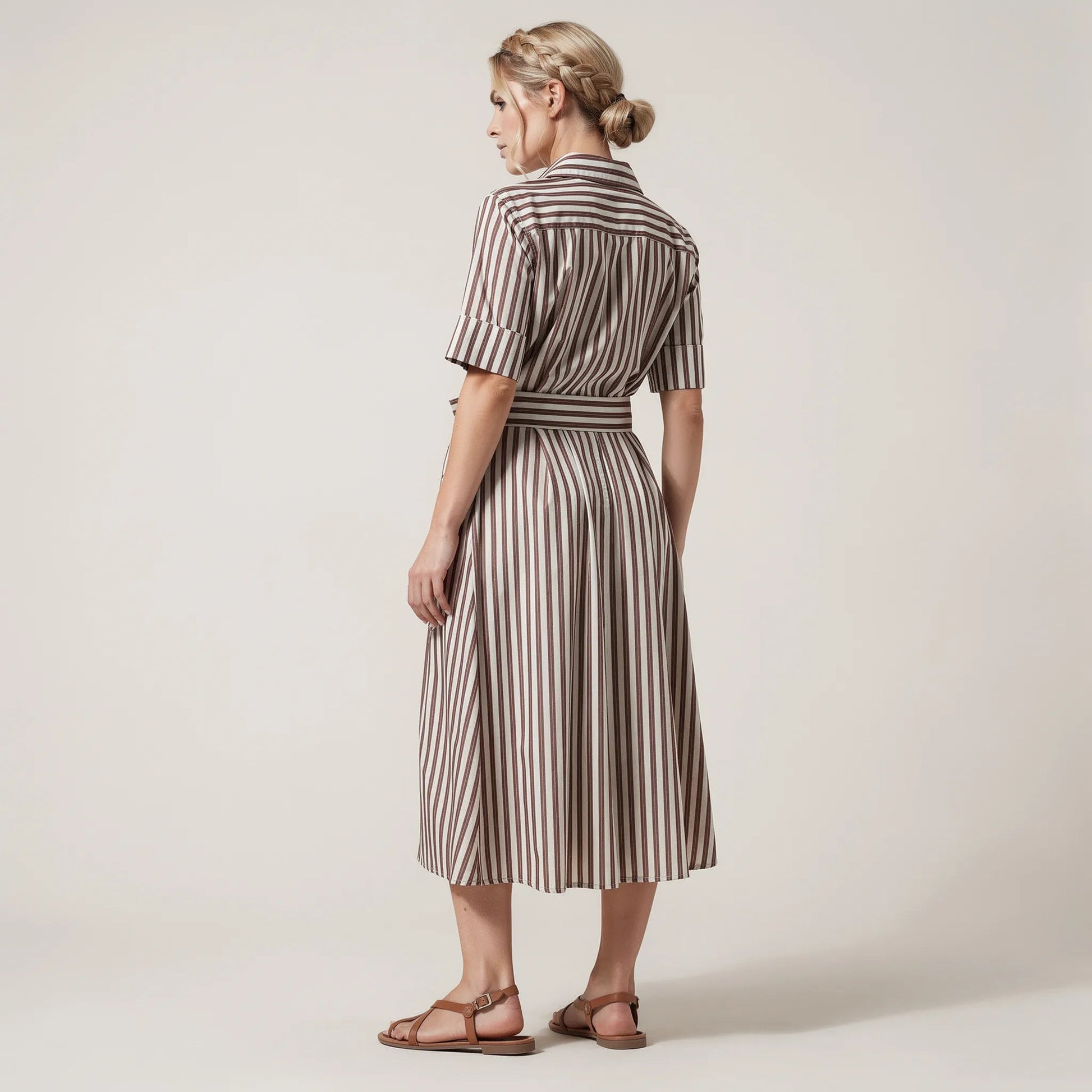 Stripe A - Line Midi Shirt Dress with Waist Tie BrownXSM-018-BROWN-XS