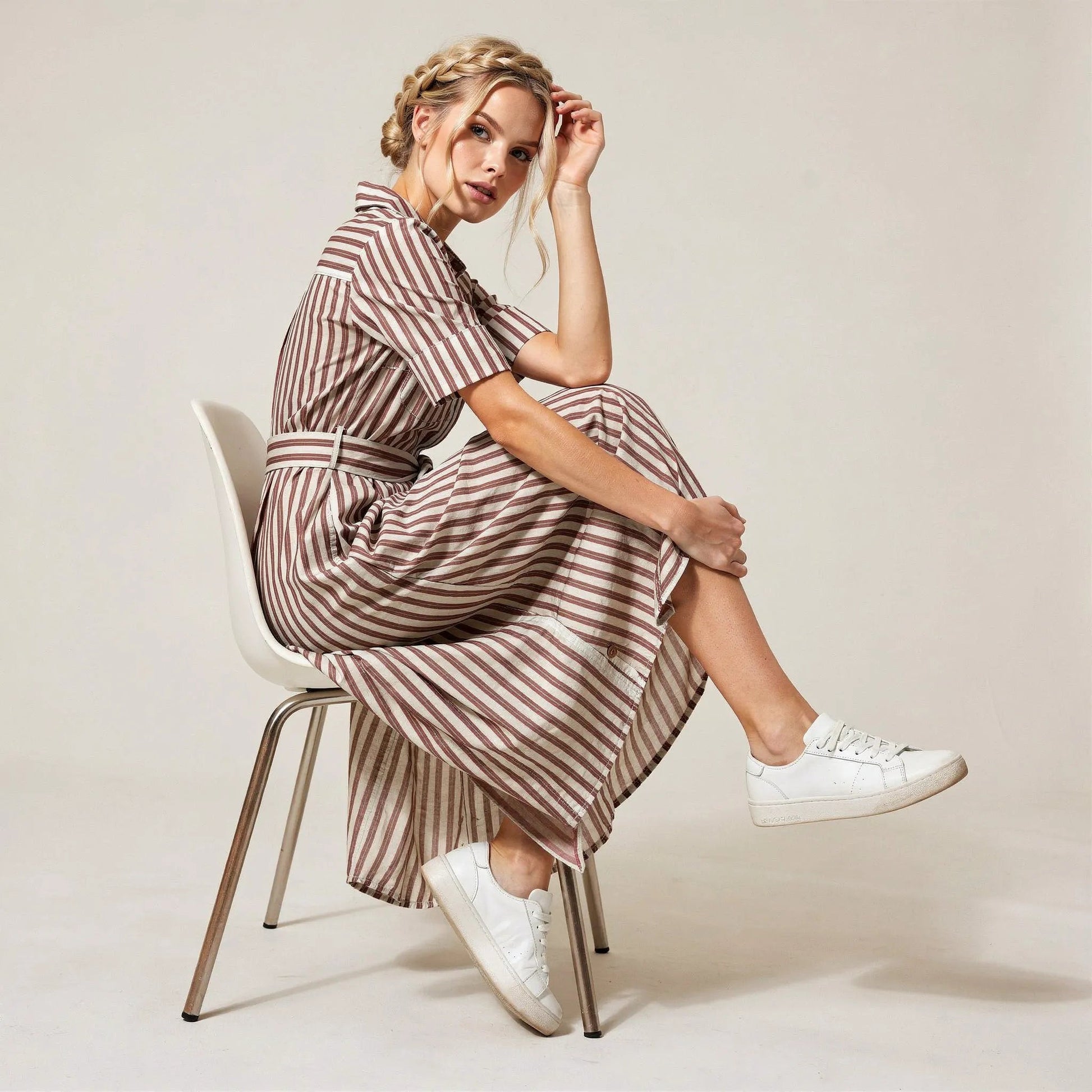 Stripe A - Line Midi Shirt Dress with Waist Tie BrownXSM-018-BROWN-XS