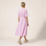 Stripe A - Line Midi Shirt Dress with Waist Tie PinkXSM-018-PINK-XS
