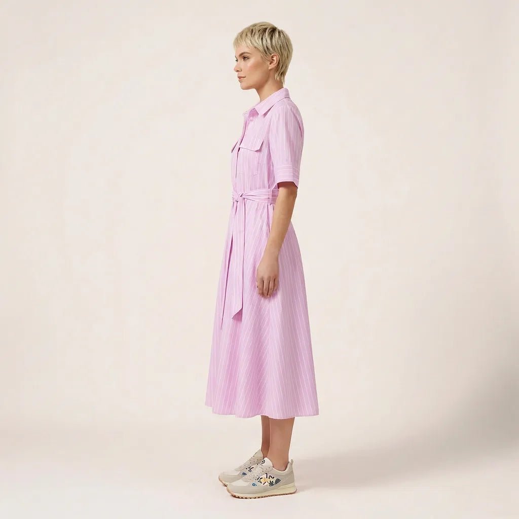 Stripe A - Line Midi Shirt Dress with Waist Tie PinkXSM-018-PINK-XS