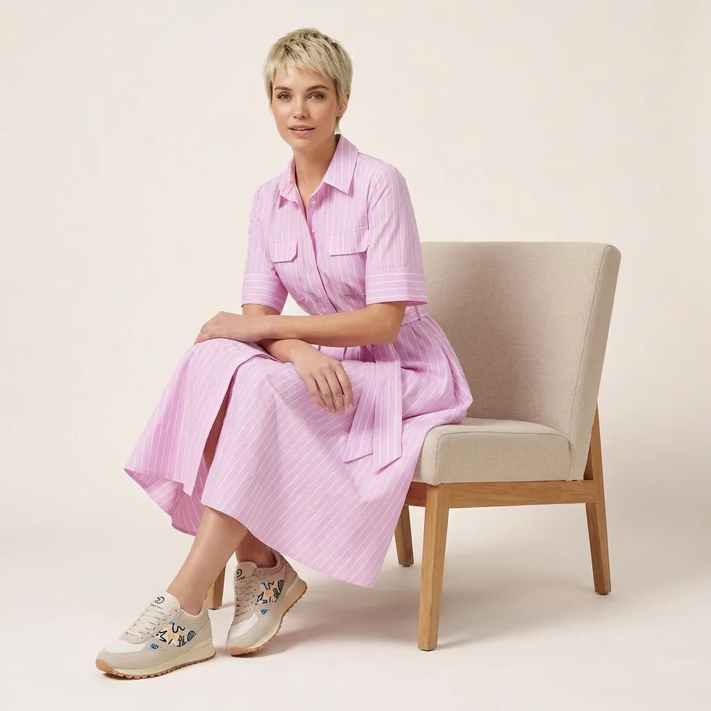 Stripe A - Line Midi Shirt Dress with Waist Tie PinkXSM-018-PINK-XS