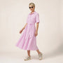 Stripe A - Line Midi Shirt Dress with Waist Tie PinkXSM-018-PINK-XS
