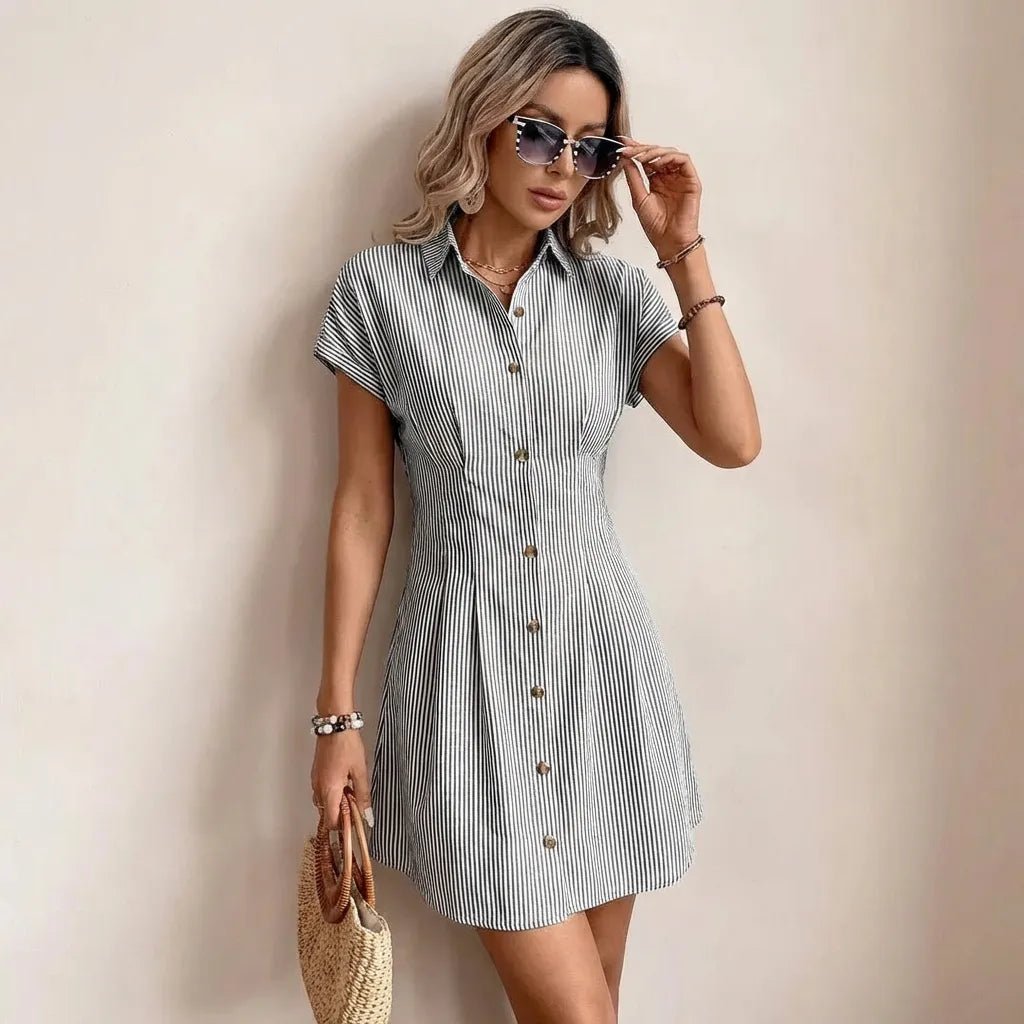 Striped Button - Down Mini Shirt Dress BlackSM-025-BLACK-S