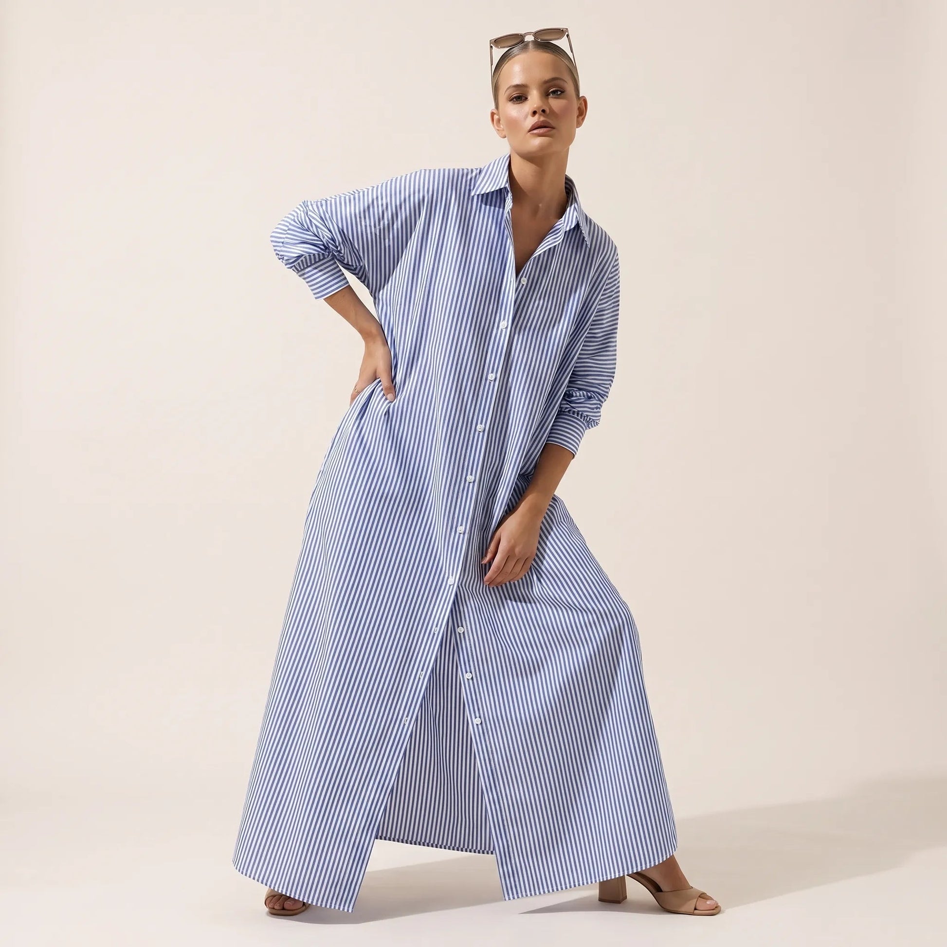 Striped Oversized Shirt Maxi Dress BlueSM-072-BLUE-S