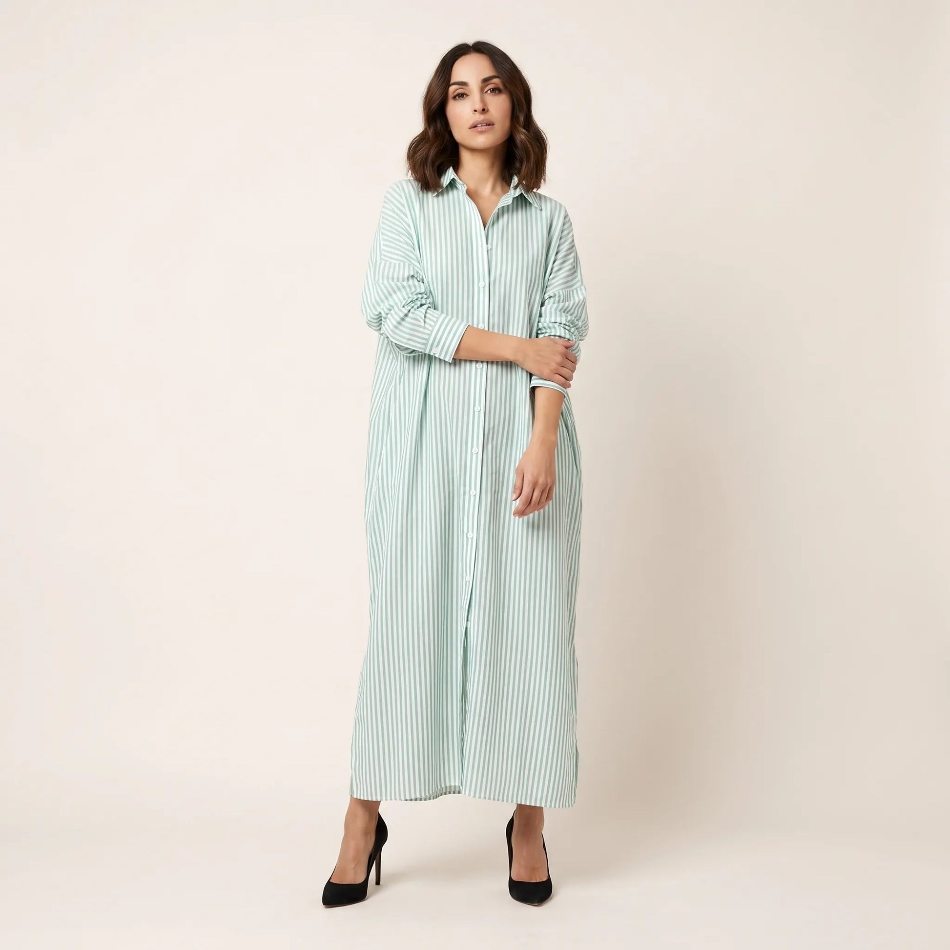 Striped Oversized Shirt Maxi Dress GreenSM-072-GREEN-S