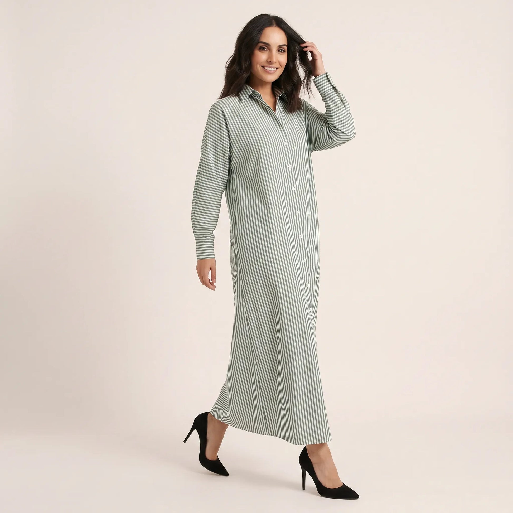 Striped Oversized Shirt Maxi Dress GreenSM-072-GREEN-S