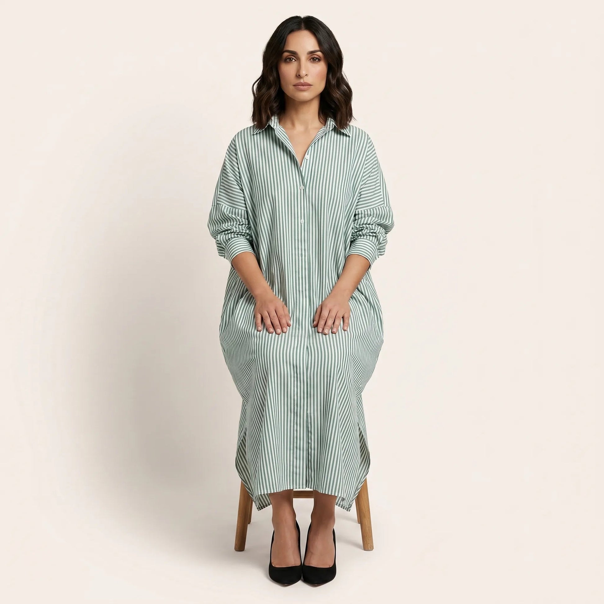 Striped Oversized Shirt Maxi Dress GreenSM-072-GREEN-S
