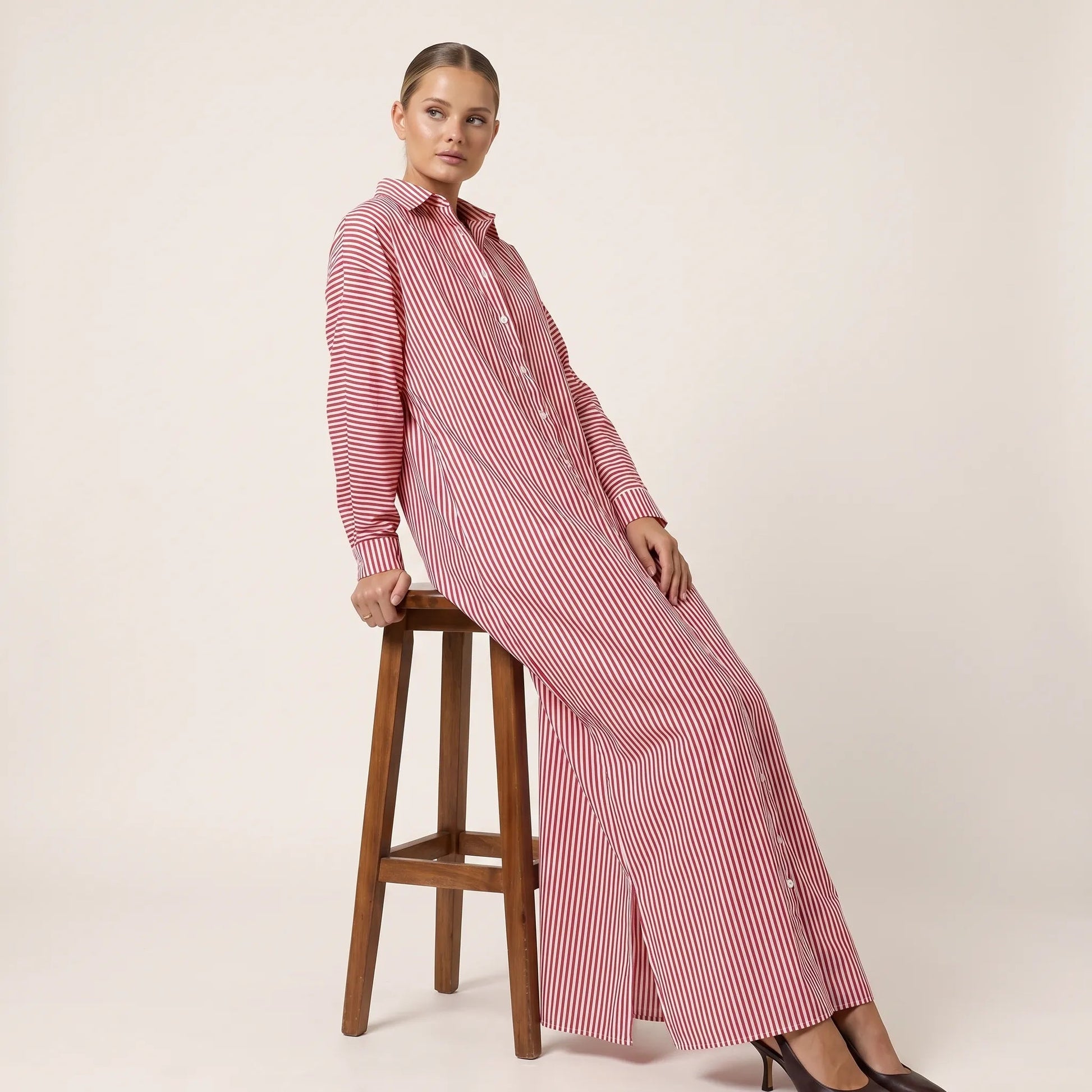 Striped Oversized Shirt Maxi Dress PinkSM-072-PINK-S