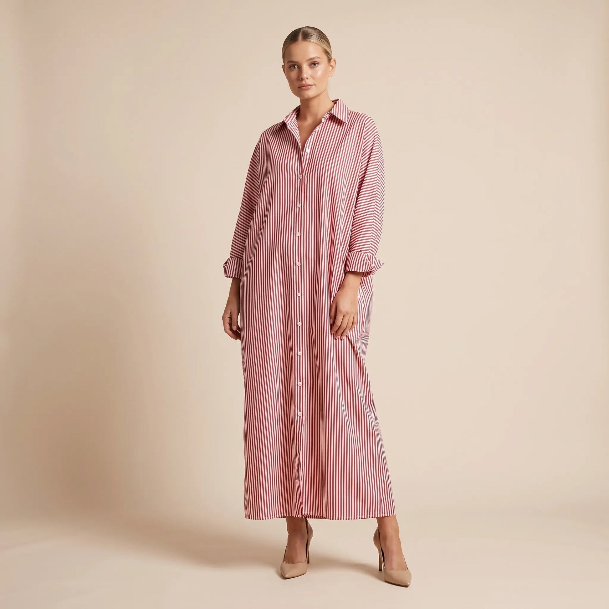 Striped Oversized Shirt Maxi Dress PinkSM-072-PINK-S