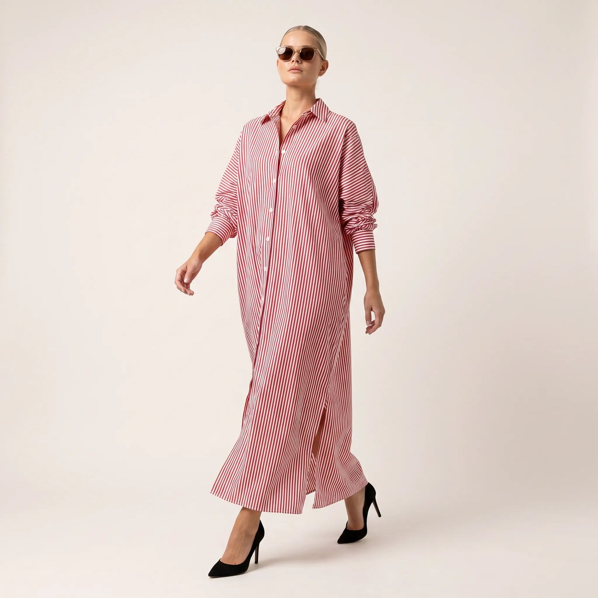 Striped Oversized Shirt Maxi Dress PinkSM-072-PINK-S