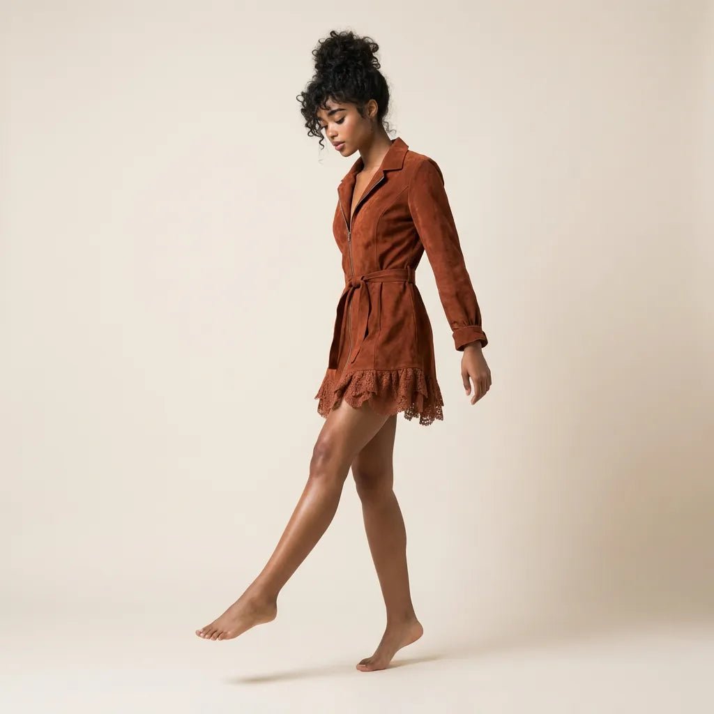 Suede Lace - Trim Mini Dress MaroonSM-035-MAROON-S