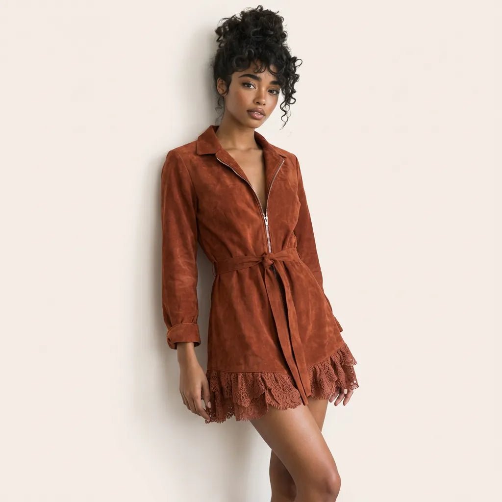 Suede Lace - Trim Mini Dress MaroonSM-035-MAROON-S