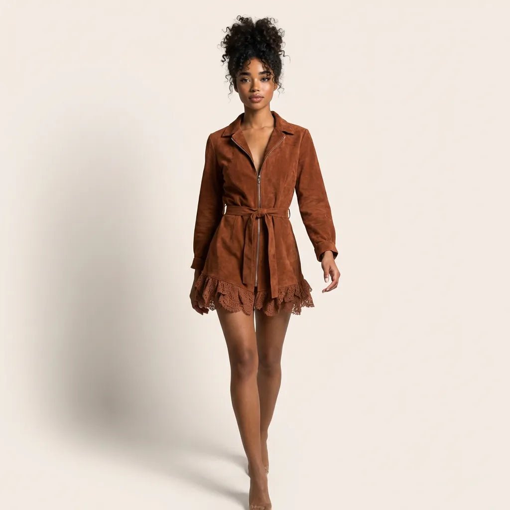 Suede Lace - Trim Mini Dress MaroonSM-035-MAROON-S