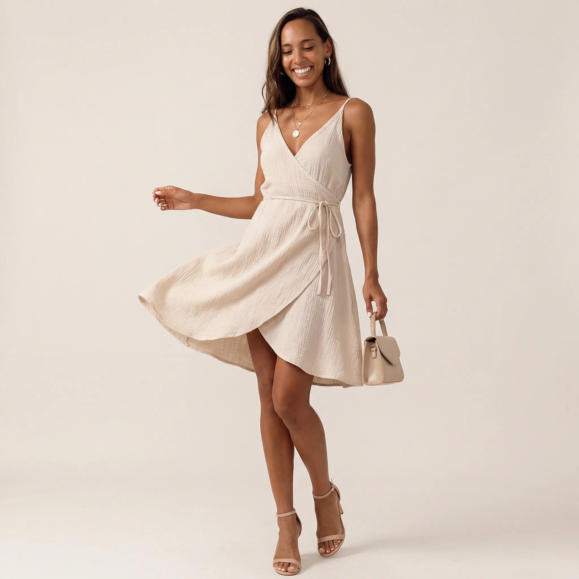 Summer Wrap - Style V - Neck Midi Dress BeigeSM-005-BEIGE-S